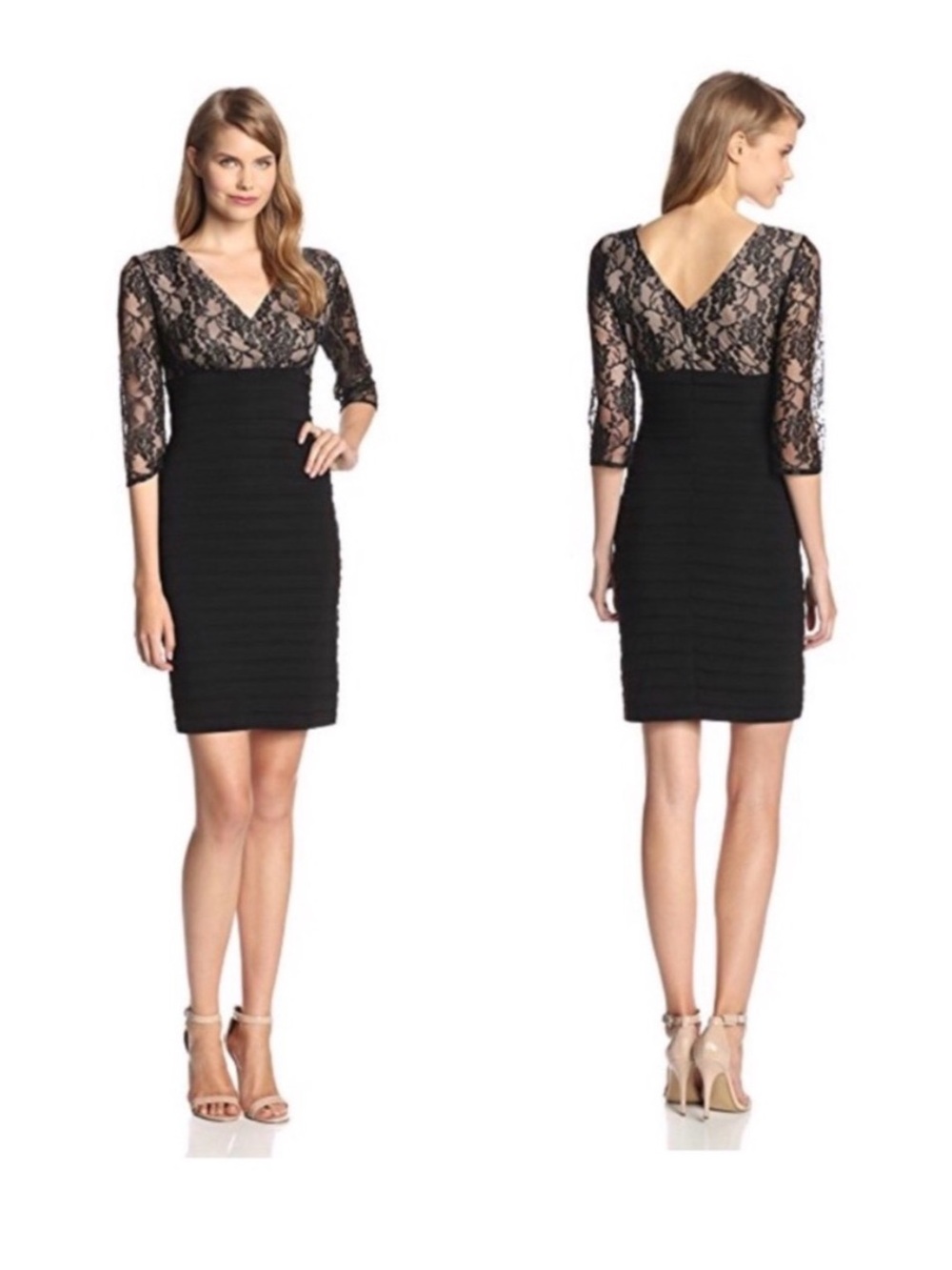 Adrianna Papell Black Lace-Overlay Nude Lining V-Neck Long Sleeve Dress